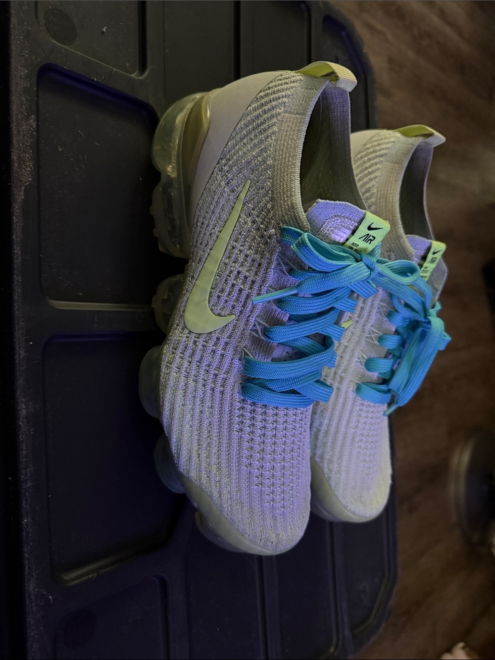 Nike Women's Flyknit VaporMax Sneakers - Light Green Upper with Blue Laces